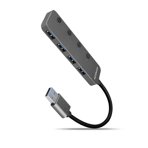 Axagon HUE-MSA, koncentrator 4X USB 3.2 Gen 1 SWITCH, metalowy, micro USB np. AXAGON HUE-MSA złącze, kabel USB-A 20cm