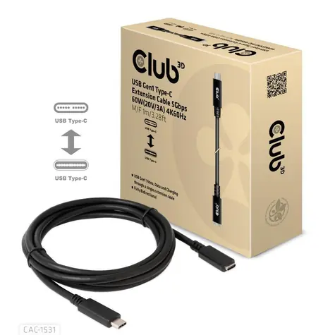 Club3D CAC-1531 kabel USB-C M/F czarny 1m / 60W / 4K 60Hz 
