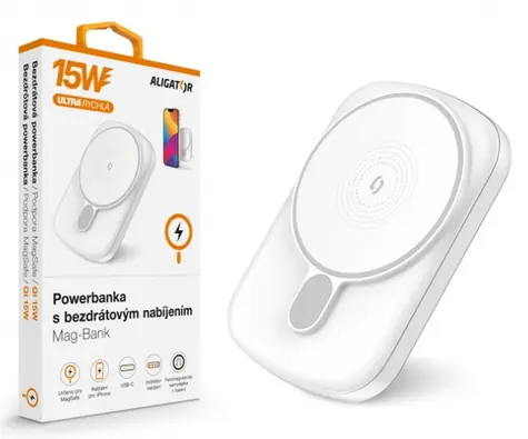 Aligator AMS03WT Mag-Bank biały / Powerbank z ładowaniem bezprzewodowym / Qi / 5000mAh / 15W 