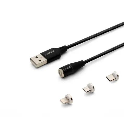 Kabel Savio CL-155 z wymiennymi złączami magnetycznymi USB - USB-C i microUSB i Lightning 2m czarny
