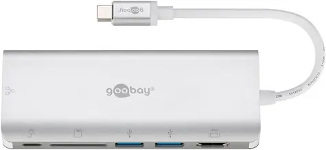 Goobay 76788 Wieloportowa stacja dokująca USB-C Premium srebrna / USB-C / USB-A / RJ-45 / SD