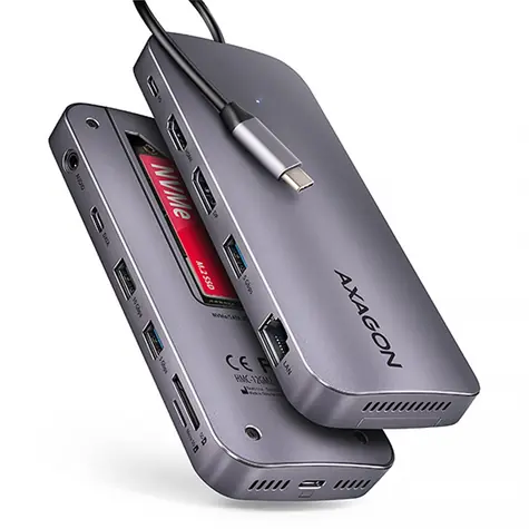 Axagon HMC-12GM2, koncentrator USB 10 Gb/s, 3x USB-A, USB-C, HDMI i DP 4K/60 Hz, RJ-45, M.2, SD/mSD, audio, PD 100 W, kabel 50 cm