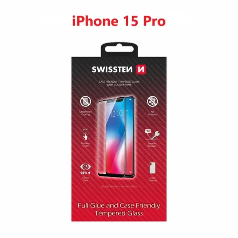 Swissten FULL GLUE COLOR FRAME CASE FRIENDLY szkło do Apple iPhone 15 Pro czarne