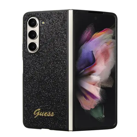 Tylna obudowa Guess PC/TPU z brokatowymi płatkami i metalicznym Logo do Samsung Galaxy Z Fold 5, czarna