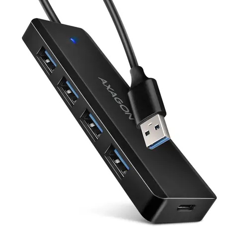 Axagon HUE-C1A, 4X koncentrator USB 5Gbps TRAVEL, złącze zasilania USB-C, kabel USB-A 19cm