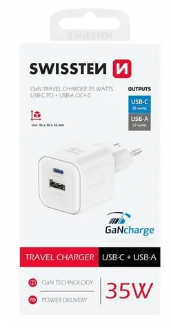 Adapter sieciowy Swissten GaN USB-A/USB-C 35W biały / PD / QC