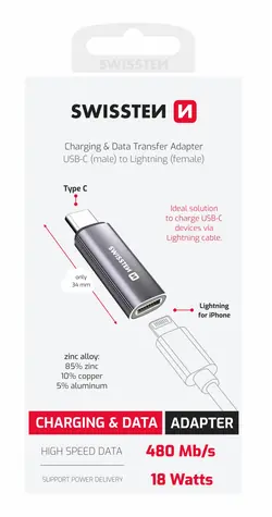 Swissten TEXTILE adapter OTG USB-C (M) - Lightning (F) srebrny
