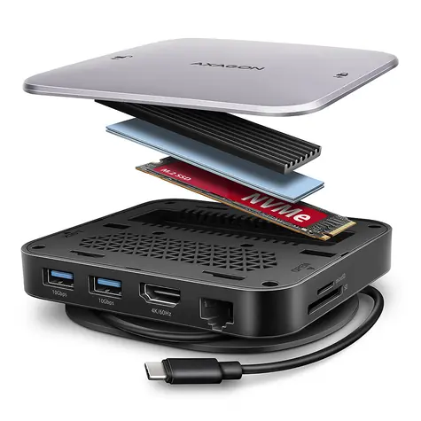 Axagon HMC-UFO, koncentrator USB 10 Gb/s, 2x USB-A, USB-C, HDMI 4k/60, RJ-45, gniazdo M.2, SD/mSD, audio, PD 100 W, kabel USB-C 65 cm