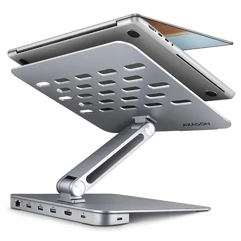 Axagon HMC-STND, stojak na laptopy 10"-16", koncentrator USB 5Gbps, 3x USB-A, HDMI 4k/60Hz, RJ-45, PD 100W, kabel USB-C 60cm