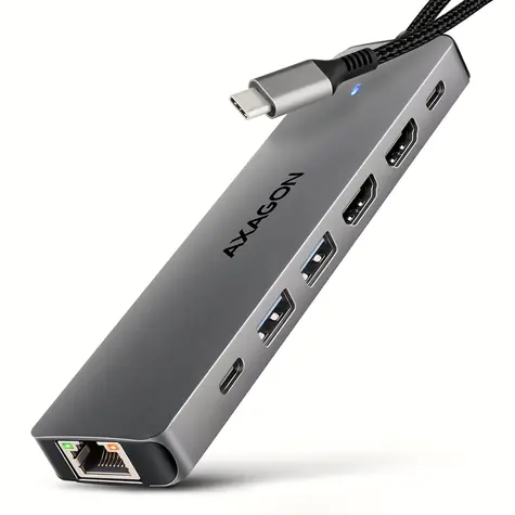 Axagon HMC-7HX2, koncentrator USB 5Gbps, 2x USB-A, USB-C, 2x HDMI 4k/60Hz, RJ-45 GLAN, PD 100W, kabel USB-C 15cm