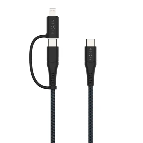 FIXED Pleciony kabel do ładowania i transmisji danych ze złączami USB-C/USB-C i adapterem Lightning PD 1,2 m MFi PD 60W szary