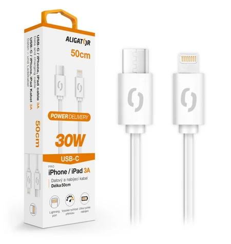 Kabel danych Aligator POWER 30W / USB-C/Lightning 3A / 0 / 5m biały