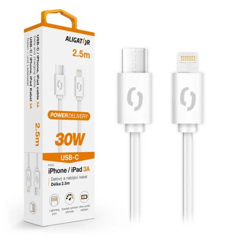 Kabel danych Aligator POWER 30W / USB-C/Lightning 3A / 2 / 5m biały