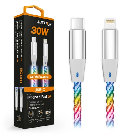 Kabel danych Aligator POWER 3A 30W / USB-C/Lightning / 0 / 5m podświetlany