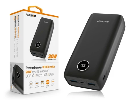 Aligator Powerbank Power Delivery 20 W / szybkie ładowanie / 30 000 mAh / czarny
