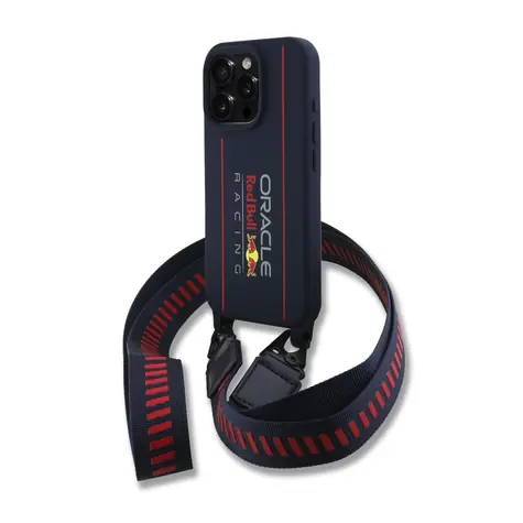 Silikonowa tylna obudowa MagSafe z pionowym Logo Red Bull + pasek na ramię do iPhone'a 16 Pro Max w kolorze granatowym