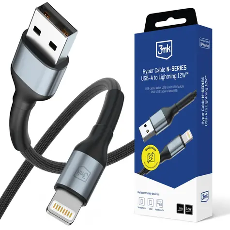 Kabel Hyper 3mk N-SERIES USB-A do Lightning 1m 5V/2,4A 12W czarny