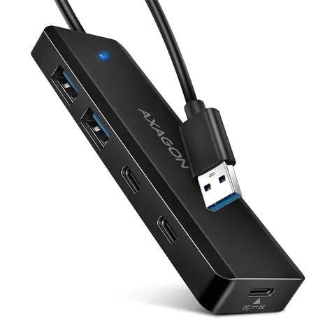Axagon HUE-C2A, 4× hub USB 5Gbps TRAVEL, 2× USB-A + 2× USB-C, zasilacz USB-C, kabel USB-A 19 cm