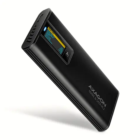Axagon EEM2-SD2B, zewnętrzna obudowa USB-C 10 Gb/s z wyświetlaczem do dysków SSD M.2 NVMe/SATA, bezśrubowa, czarna