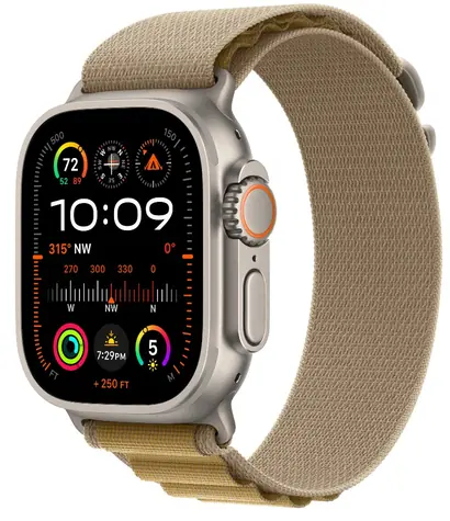Apple Watch Ultra 2 (2024) GPS+Cellular 49mm Korpus z naturalnego tytanu - Żółto-brązowy uchwyt alpejski (S) / 130-160mm