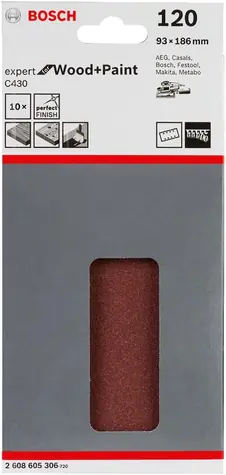 BOSCH Expert C430 2608605306 / Zestaw papierów ściernych do drewna i farby z otworami / Ziarnistość 120 / 93x186mm / 8 otworów / 10 szt.