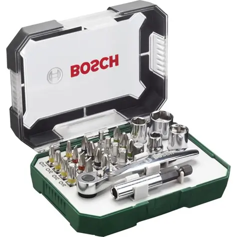 BOSCH 2607017322 / Zestaw bitów i nasadek (26 szt.) / 19x bit / 4X klucz nasadowy / 1x grzechotka / 1x uchwyt / 1x adapter