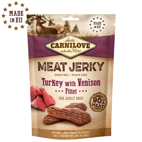 CARNILOVE Jerky Filet z indyka z dziczyzną 100 g / Przysmaki z suszonego mięsa dla psów 