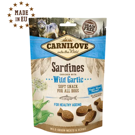CARNILOVE Dog Półwilgotna przekąska Sardynki Wzbogacona i dziki czosnek 200 g / Półmiękki przysmak dla psów 