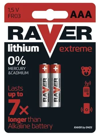 Baterie AAA Raver, litowe 1,5 V, wytrzymują do 7 razy dłużej niż baterie alkaliczne, 2 szt.