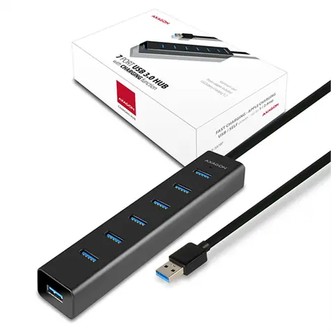 Axagon HUE-SA7BP, koncentrator 7x USB 5Gbps ALU CHARGING, kabel USB-A 40cm, w komplecie. Zasilacz sieciowy