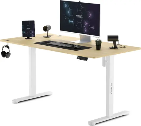 SENSE7 Nojo Sosna Biurko sosnowe białe / wysokość regulowana elektrycznie / 140 x 70 cm / nośność 80 kg