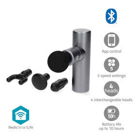 Nedis BTHMSG10GY / Pistolet do masażu sportowego / SmartLife / 5 trybów masażu / Głowica U / Głowica stożkowa