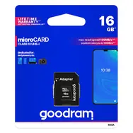 Goodram microSDHC 16GB + adapter / Klasa 10 / UHS-I U1 / R: 100 MBs / Szer. : 10 MBs