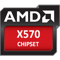 Logo chipsetu AMD X570 – ikona z napisem AMD i X570 CHIPSET na czerwonym tle