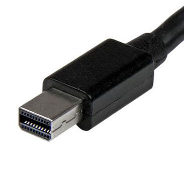 Zbliżenie czarnego złącza Mini DisplayPort na kablu, widok z przodu na metalowe styki
