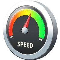 Ikona prędkościomierza z napisem SPEED i wskazówką na maksimum, symbol wysokiej prędkości i wydajności