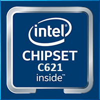 Logo chipsetu Intel C621 inside na niebieskiej ikonie procesora