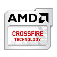 Logo AMD CrossFire Technology na srebrnym tle – technologia łączenia wielu kart graficznych