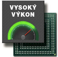 Ikona wysokiej wydajności – prędkościomierz z napisem VYSOKÝ VÝKON na tle procesora