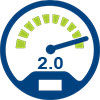 Intel Turbo Boost 2.0 Ikona technologii Intel Turbo Boost 2.0 – graficzne przedstawienie prędkościomierza z wartością 2.0