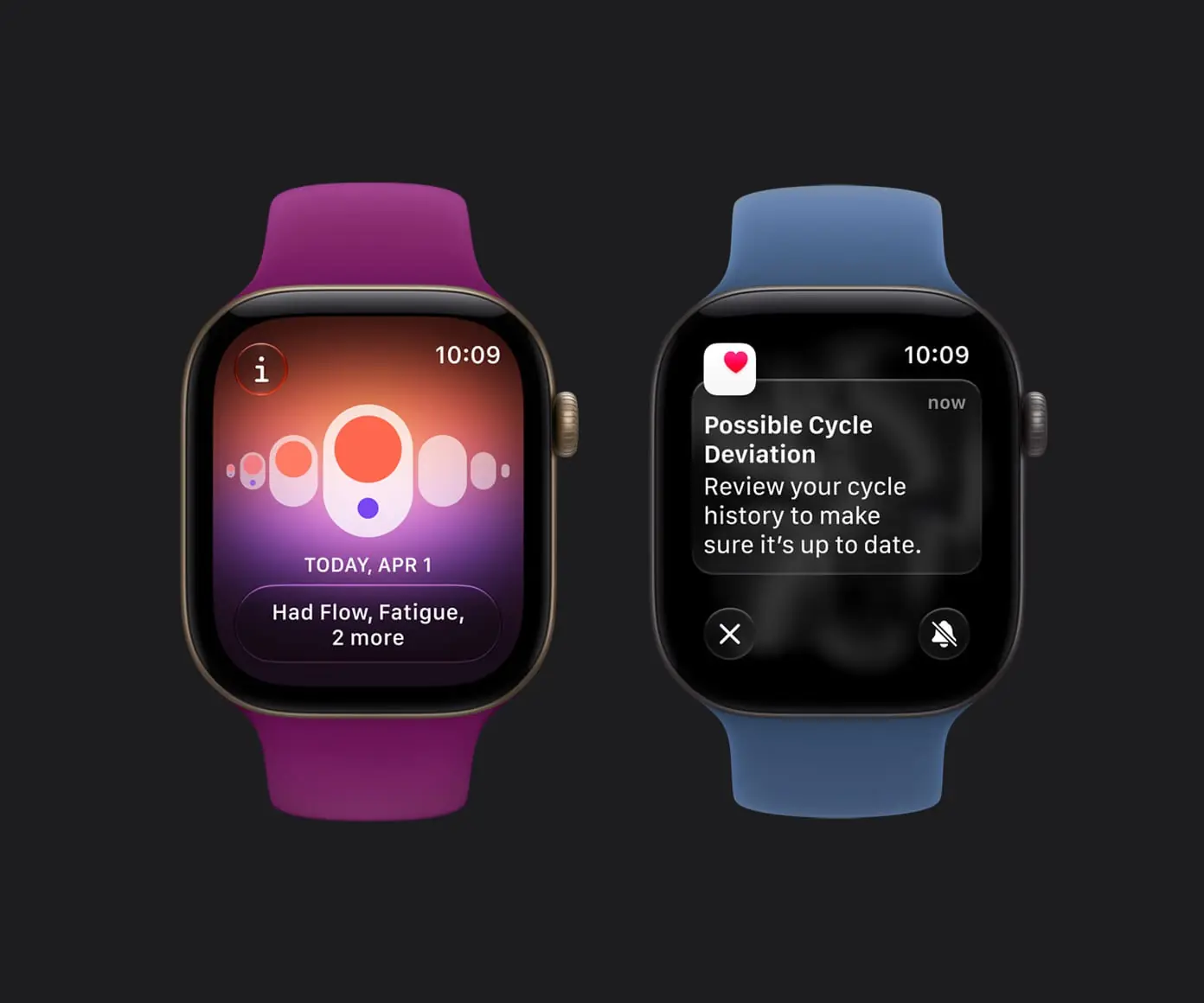Dvoje Apple Watch s aplikací Sledování cyklu