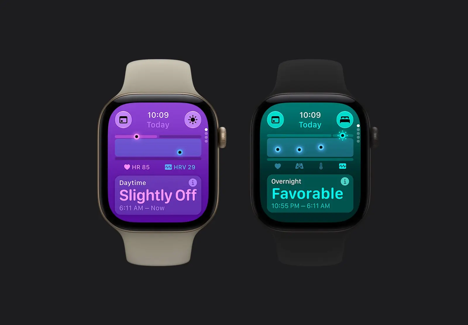 Dvoje Apple Watch s denními a nočními životními funkcemi
